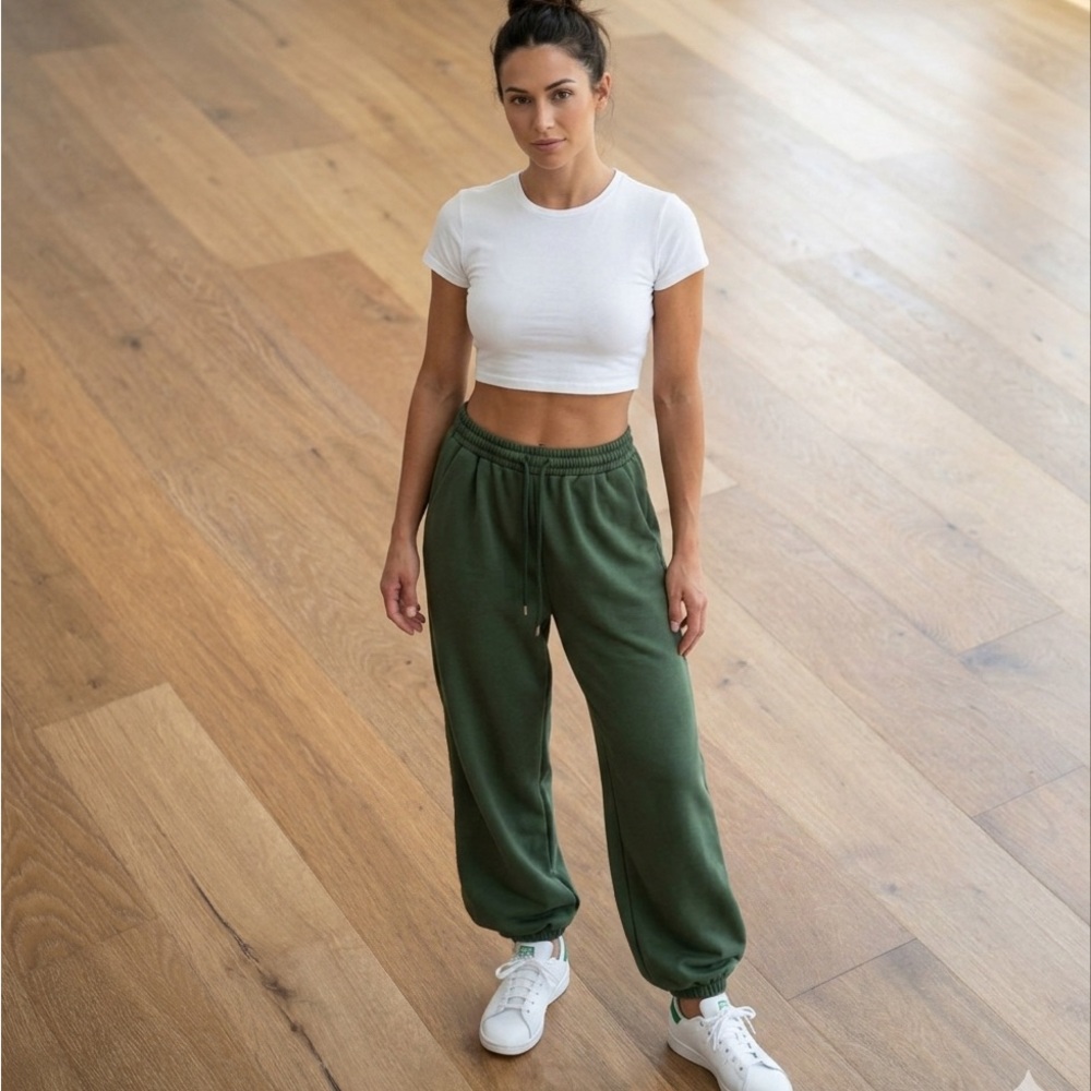 Sporty Athleisure Green Baggy Wide Leg Jogger Sweat Track Pants S Pockets